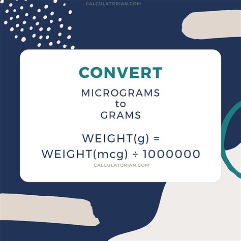 10000 mcg to g - 10 = 10000 The microgram ( mcg or µg ) is the unit of mass in the metric system (SI, International System of Units). 1 microgram ( mcg or µg ) = weight of 0.001 milliliters ( ml ) of pure water at temperature 4 °C = 0.001 grams (g) = 0.001 milligrams ( mg ) = 0.000001 kilogram (kg) = 0.0000000352739619 ounces (oz).